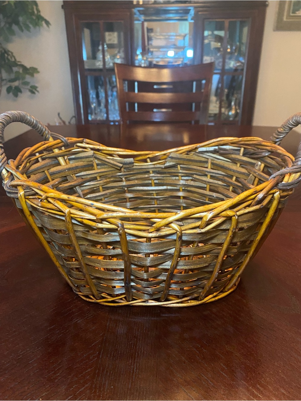 Vintage Woven Wicker or Reed Decorative Basket with handles Brown 13x8 inches